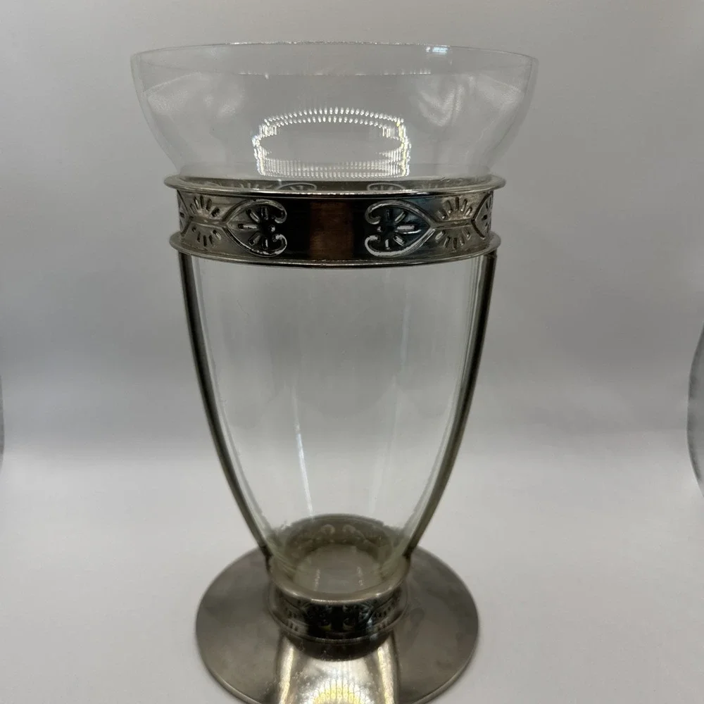 Rare Vintage Clear Glass & Silver Metal FTD Vase Circa 1960s Mid Century Floral